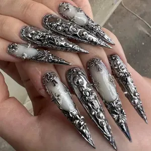 Gothic 3D Cross Press On Nails, Silver Stiletto Armor, Handmade Nail Art Kit Nail Box
