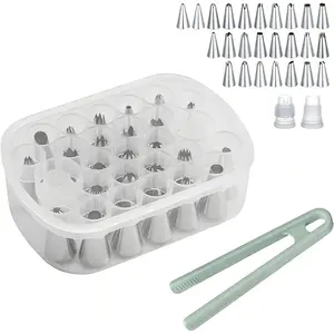 Cake Decorating Supplies Set - 27 Grids Storage Box with 25 Stainless Steel Piping Tips, 2 Adapters &  Mini Tongs | Complete Baking Nozzle Organizer Kit