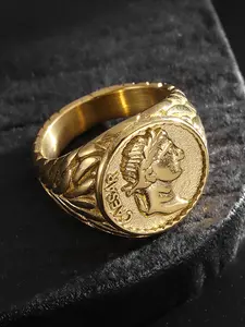 Men's Vintage Roman Empire Caesar Ring, Stainless Steel Silver Color Coin Shape, Fashion Jewelry Holiday Gift, Caesar Portrait Rings