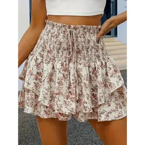 Women's Floral Print Woven Frill Trim Shirred Tiered Layer Shorts, Casual Loose High Waist Tie Front Drawstring Wide Leg Shorts for Spring & Fall, Women's Bottoms for Daily Wear
