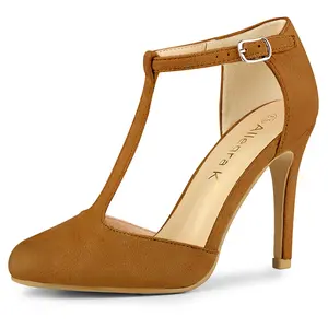 BLISSFUL STEP Rounded Toe Stiletto Heel T-Strap Dress Pumps