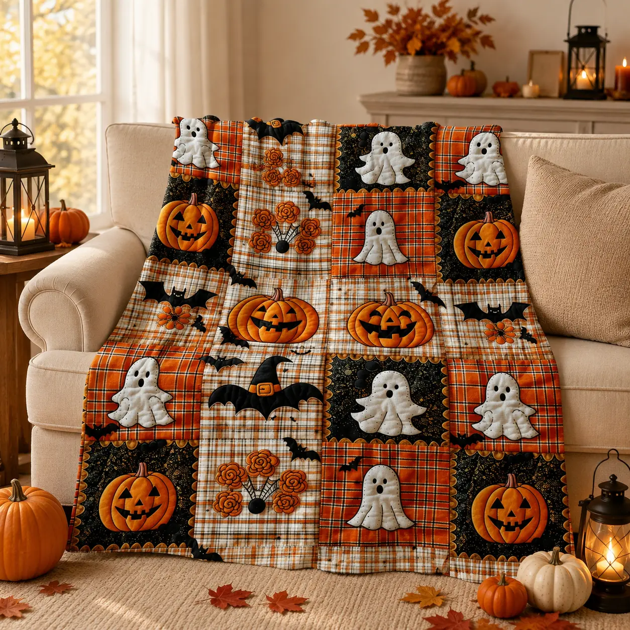 Halloween Pumpkin Ghost Bat Plaid Patchwork Flannel Blanket, Spooky Fall Throw with Soft Warmth for Movie Night Sofa and Teen Bedroom, Cute Haunted Artwork, October Decor, Autumn Lounge Style and Halloween Lovers