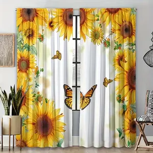 2 Piece Set Gold Sunflower Pattern Semi-Transparent Curtains, Ideal for Bedroom Office Kitchen Living Room Study, Half Light Blocking Window Curtain