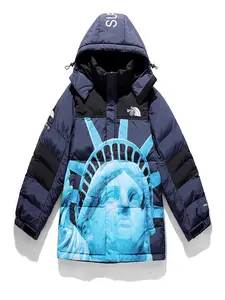 Men's Winter Casual Loose-Fit Jacket, Full-Print Thick Woven Fabric Coat, Fashion Embroidered Cotton Outerwear for Cold Weather, Hooded Puffer Coat