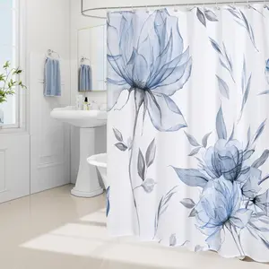 Blue Bohemian Watercolor Floral Shower Curtain, Ink Painting Style Leaf Bath Curtain, Elegant Bathroom Art Fabric, 70.866x70.866 Inches Bathroom Curtains
