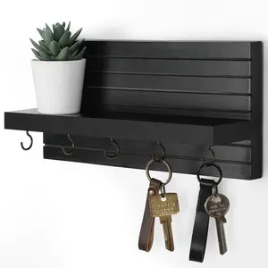Decorative Key Holder for Wall with Shelf, Entryway Shelf with Hooks Holds Leashes, Jackets and Glasses – Sturdy Wood Keyholder Entrance Hanger with Mounting Hardware (11.8” x 5.5” x 3.1”) Metal Shelves