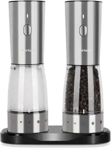 Electric Salt and Pepper Grinder Set, Large Capacity 5.3oz Salt and Pepper Grinder Set with Adjustable Coarseness, Rechargeable Stainless Steel Electric Pepper Grinder with Elegant Storage Base