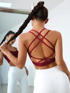 Light Support Criss Cross Backless Sports Bra Dark Green High Stretch Yoga Studio Top Seamless Removable Padding for Summer