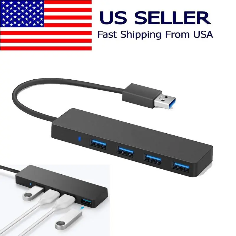 Slim Super Speed USB 3.0 4-Port Adapter Charger, Multiport Gadget with USB Ports Expansion, Data Transfer & Charging for Desktop, Office PC Mac Laptops