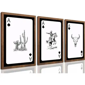Cowboy Wall Art Set of 3, Black White Ace Playing Card Prints with Cactus Cow Skull and Horse Rider Vintage Poker Style Canvas for Bedroom Living Room Bar Game Room 12x16 in Wood Framed