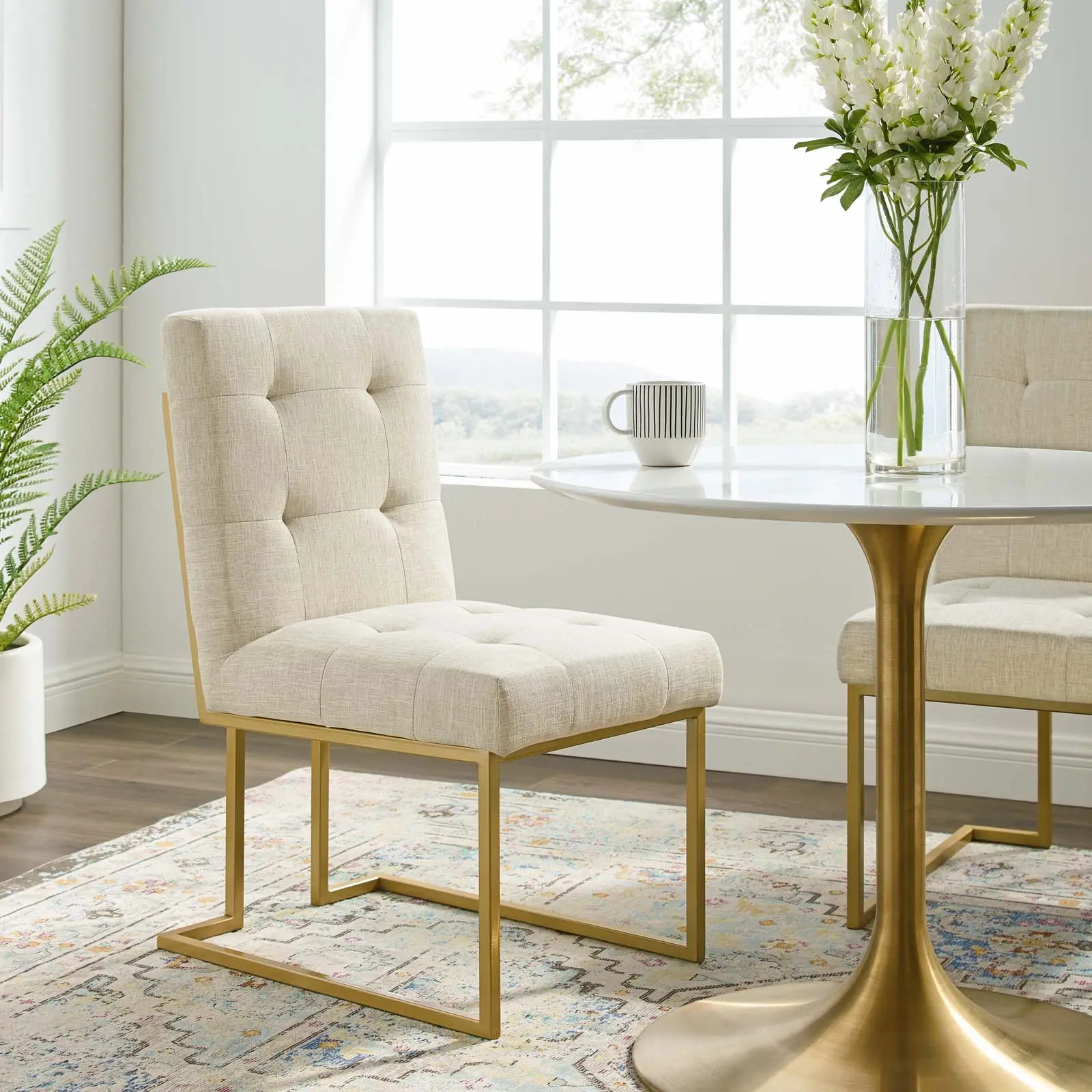 Modway Privy Gold Stainless Steel Upholstered Soft Polyester Fabric Dining Accent Chair - Geometric Base, Glam Deco, Streamlined Modern, Gold Beige, Geometric Base Dining Chair, Glam Deco Dining Chair