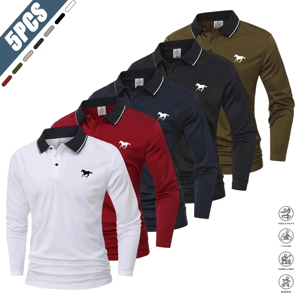 Men's 100% Polyester Solid Plain Long-Sleeve Polo Shirt Set - Athletic Active Tops, Casual Athletic Style, Loose-Fit Casual Sport Golf Wear for Spring & Autumn, Menswear