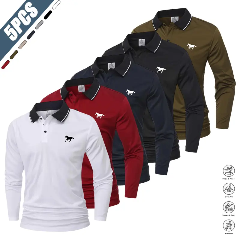 Men's 100% Polyester Solid Long-Sleeve Polo Shirt Set - White, Gray, Black, Loose-Fit, Casual Sportswear, Golf Wear for Spring & Autumn, Mens Active Tops