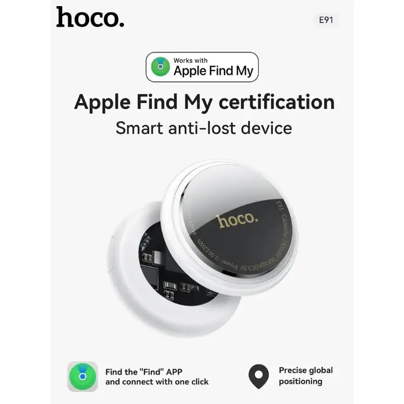 Hoco E91 Smart Bluetooth Tracker – Anti-Lost Device with Apple Find My Support & Silicone Case, GPS Positioning for Keys, Wallet, Luggage, and More