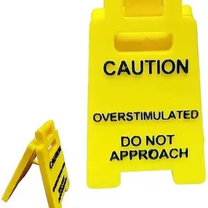 Mini Caution Sign for Desk,  Funny Office Caution Overstimulated Do Not Approach  Sign Humor Desktop Decoration Supplies for Office Table Bedroom Study Room (Yellow)