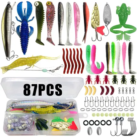 Fishing Lure Set, Crankbait, Soft Plastic Worms, with Triple Hooks and Lead Pendant Accessories, Durable Artificial Fishing Gear Kit, Fishing Equipment, Fishing Supplies