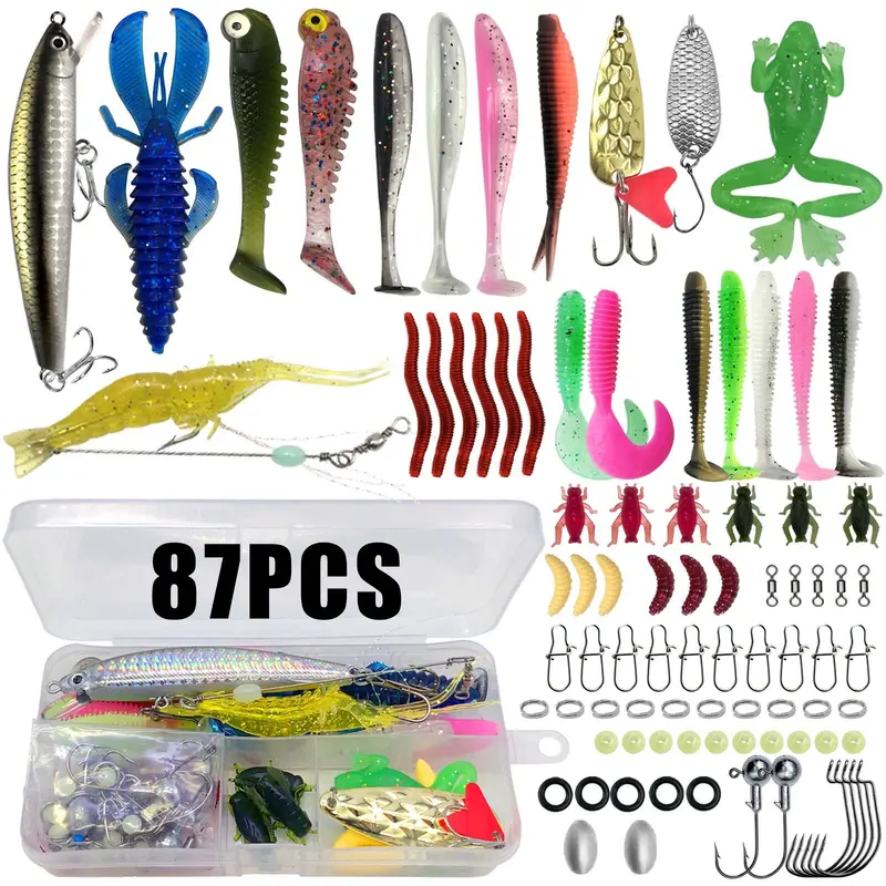 Fishing Lure Set, Crankbait, Soft Plastic Worms, with Triple Hooks and Lead Pendant Accessories, Durable Artificial Fishing Gear Kit, Fishing Equipment, Fishing Supplies