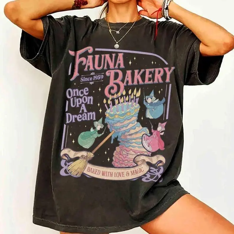 Fauna Bakery Once Upon A Dream Inspired Graphic T-Shirt, Vintage Sleeping Fairies & Fairy Godmothers Print, Acid Wash Oversized 【100% cotton】 Style Shirt, Retro Magical Casual Top, Whimsical Bakery Tee for Storybook & Fantasy Outfit Lovers
