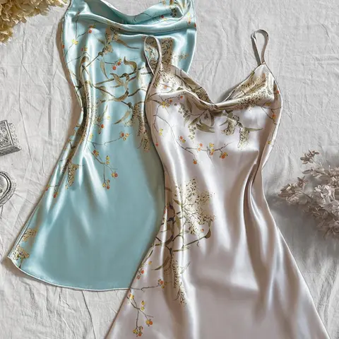 Women's Floral Print Silky Satin Cami Nightdress, Fitted Draped Spaghetti Strap Sleeveless Nightgown, Soft Comfy Aesthetic Sleepwear Loungewear Set for Women