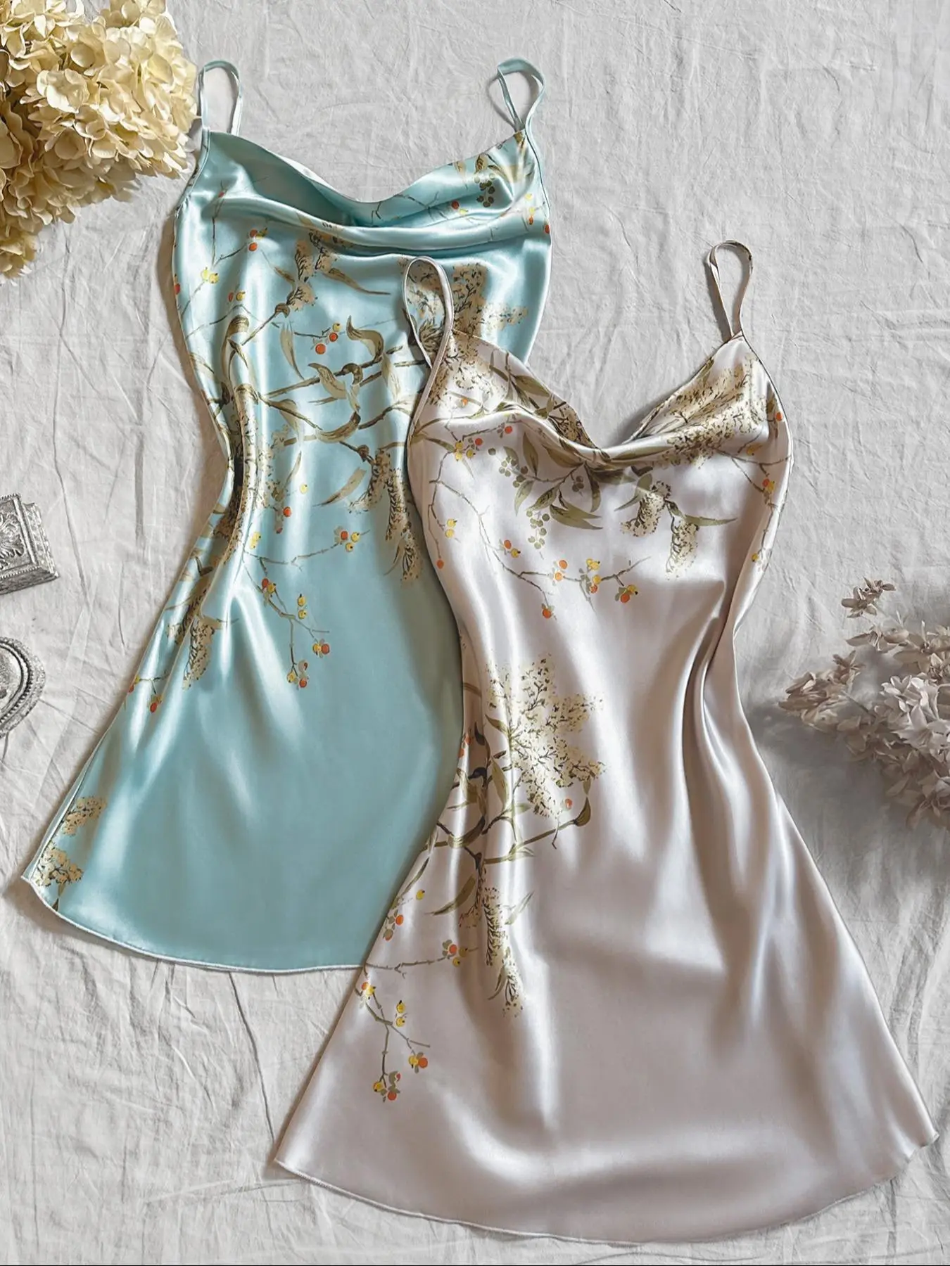 Women's Floral Print Cami Nightdress, Draped Spaghetti Strap Sleeveless Nightgown, Soft Comfy Sleepwear Loungewear Set for Women