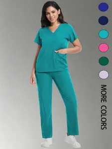 Unisex V-Neck Multi-Pocket Workwear Set, Comfortable Quick-Dry Breathable Durable, Adjustable Waist, Ideal for Nurses Dentists Spa Beauty Clinics