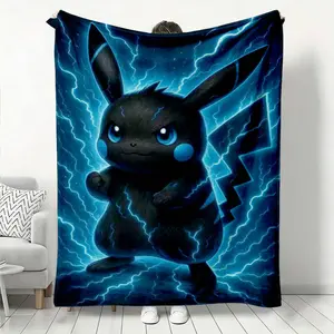 Pokemon Dark Pikachu Blue Lightning Themed Flannel Blanket Black Base Color With Bright Blue Lightning And Pokemon Image Japanese Anime IP Derivative Home Blanket Soft Skin Friendly Warm Sofa Blanket