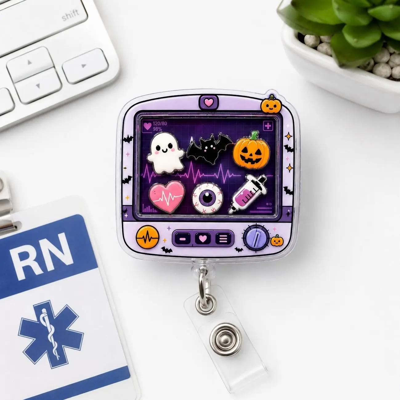 Halloween Patient Monitor  2D not Shaker Badge Reel, Spooky ICU Telemetry Nurse Retractable Badge Holder, Critical Care Ghost Cardiac RN Healthcare