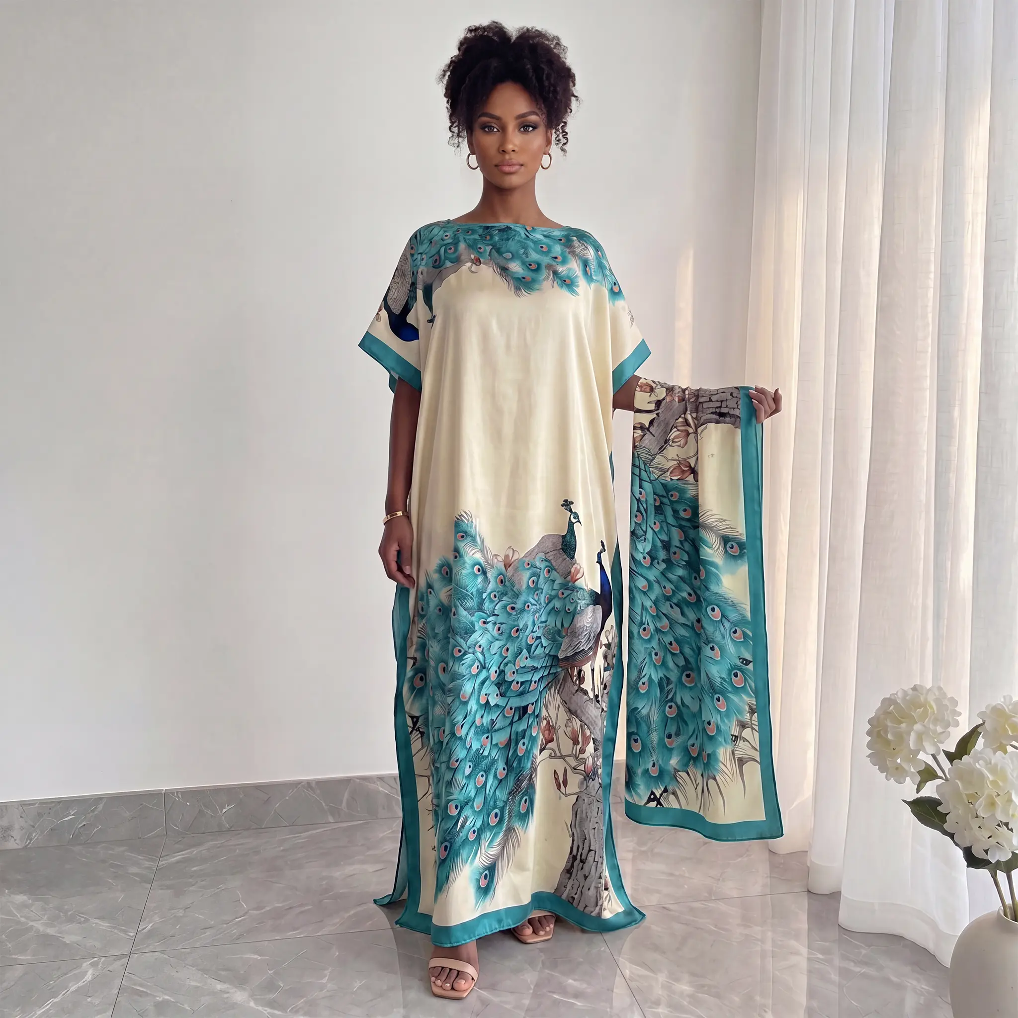 MOOMOO Women's Floral Print Cover-Up Dress with Shawl Scarf - Casual Wear, Everyday Use Bohemian Fashion Accessory for Women Suitable for Multiple Seasons