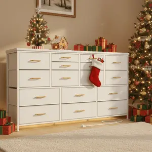 Cream White 51.1" Wide 16-Drawer Dresser, Sturdy Steel Frame & Wood Top, 3 Power Outlets & 2 USB Ports, TV Stand For Up To 65-Inch TVs, Bedroom, Living Room, Closet, Hallway