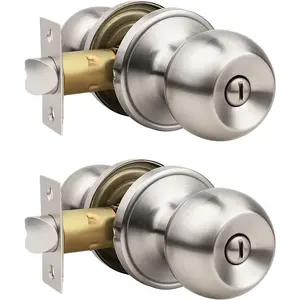 2 Pack Privacy Door Knobs Satin Nickel, Keyless Interior Door Knobs for Bedroom and Bathroom, Round Stainless Steel Door Handles, Classic Design