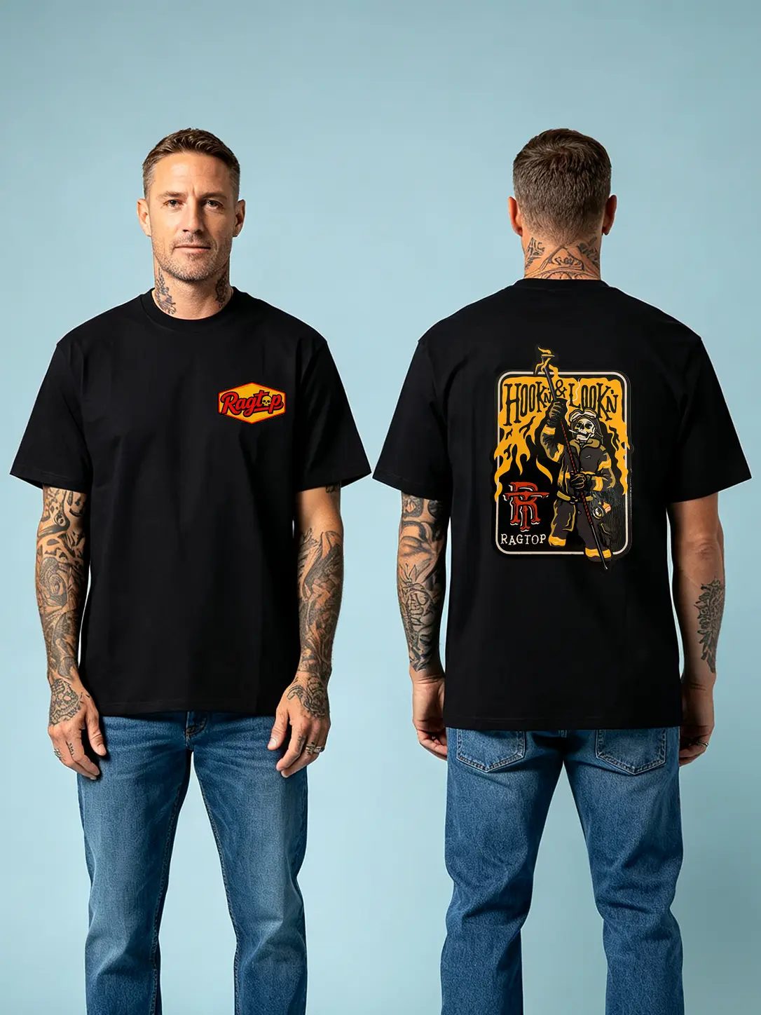 Men's Casual Cotton Short Sleeve Ribbed T-Shirt - Handmade Hook & Loop Firefighter Vintage Fire Rescue Prints, Personalized Hem, Loose Round Neck Streetwear Classic Top for Fire Dept Enthusiasts