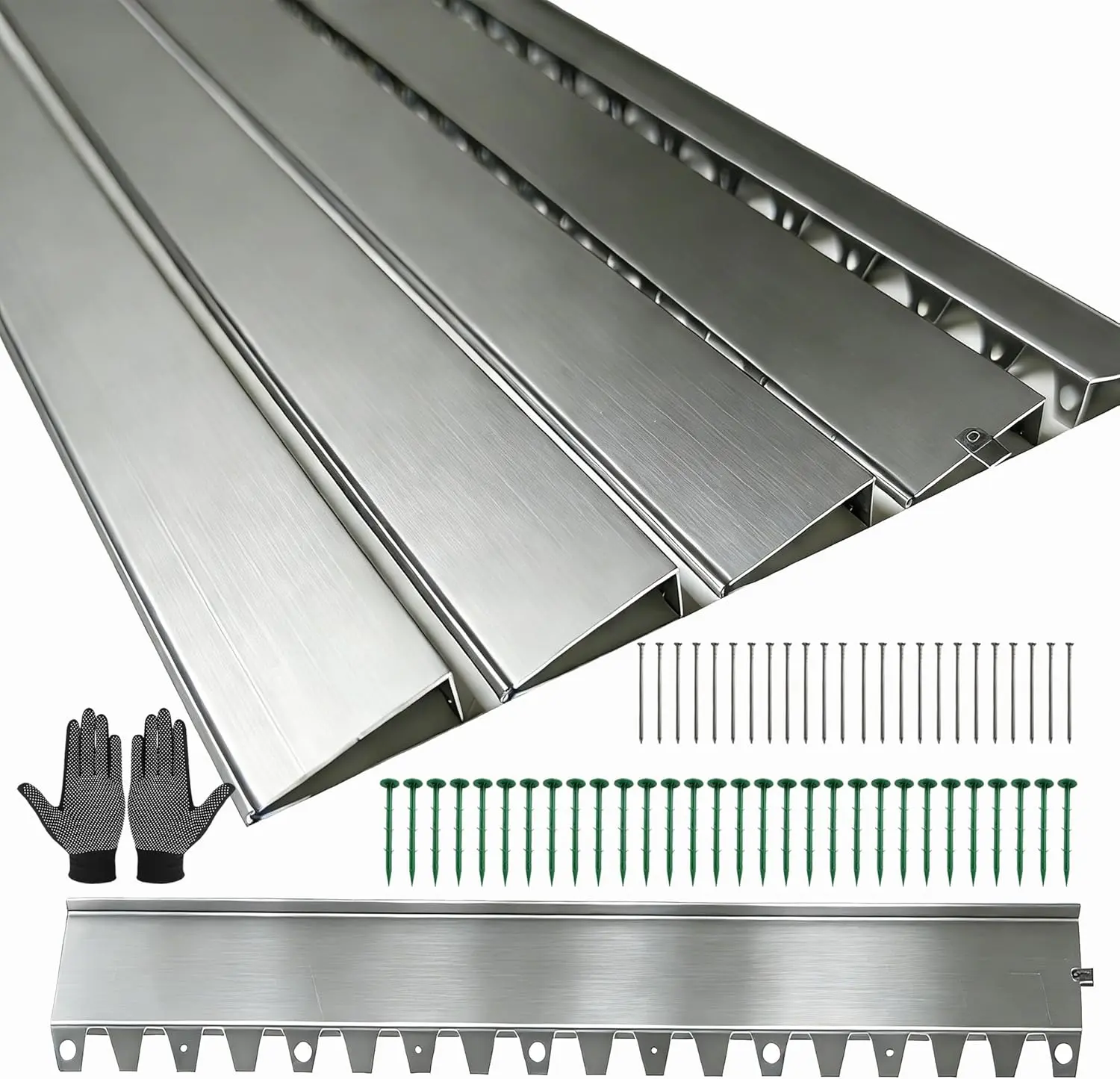 Stainless Steel Garden Edging, Metal Landscape Edging & Retaining Wall Panel, Cuttable & Bendable, Includes 54 Nails, Ideal for Courtyards/Flower Beds/Hard Surfaces (20 Feet/6-Piece/Silver-gray)