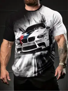 Men's Summer 3D Digital Print Racing Car T-Shirt, Casual Fitted Round Neck Short Sleeve, All over Print, Daily Wear