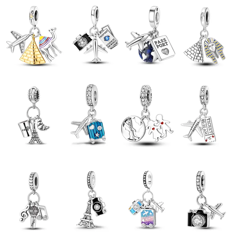 MULA Travel Adventure Beads 925 Sterling Silver, Platinum Plated, Inlaid with Zirconia, Fits Original Pandora Bracelets and Necklaces, Perfect DIY Jewelry for Women, Men and Teens - Explore the World Series