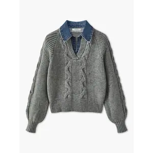 Denim Panel Ribbed Lapel Sweater GARMENTARY