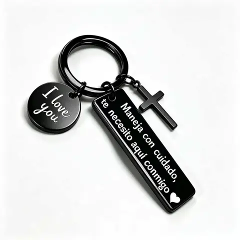 Maneja Con Cuidado Te Necesito Aquí Conmigo Keychain with Cross & "I Love You" Charm, Spanish Drive Safe Stainless Steel Keyring, Romantic Religious Gift for Him/Her, Perfect Gift for Birthday,men's accessories Outdoorfun
