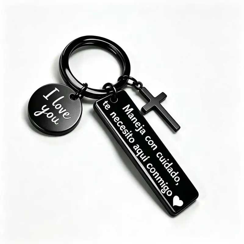 Maneja Con Cuidado Te Necesito Aquí Conmigo Keychain with Cross & "I Love You" Charm, Spanish Drive Safe Stainless Steel Keyring, Romantic Religious Gift for Him/Her, Perfect Gift for Birthday,men's accessories Outdoorfun