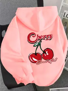 Women's Casual Fashion Cherry Print Hoodie, Loose Fit Pullover Sweatshirt, Fall & Winter Style, Comfortable and Versatile