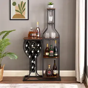 5 Tier Freestanding Wine Rack with Hanging Wine Glass Holder and Organizer, Wine Storage Home Bar. 11 Bottle Wine Grill for Kitchen, Dining Room