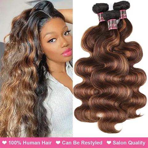 Uwigs FB 30 Highlight Wavy Bundles, Ombre Colored Body Wave Remy Human Hair Extensions, Dye & Perm Safe, Double Weft