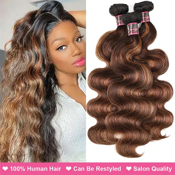 Uwigs FB 30 Highlight Wavy Bundles, Ombre Colored Body Wave Remy Human Hair Extensions, Dye & Perm Safe, Double Weft