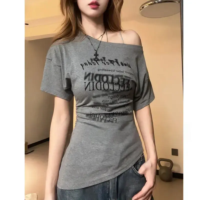 Asymmetric Cold Shoulder Printed T-shirt, Slim Waist Design Pure Wind American Summer Ladies Blouse
