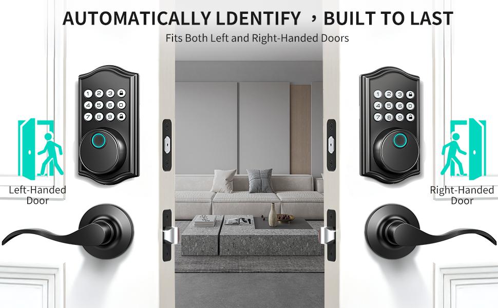 Keyless Entry Door Lock Deadbolt with Handle Set,Fingerprint Smart Locks for Front Door,Backlit Digital Keypad Deadbolt with 2 Keys - Auto Locking - Easy Installation-Left/Right Doors (Matte Black)