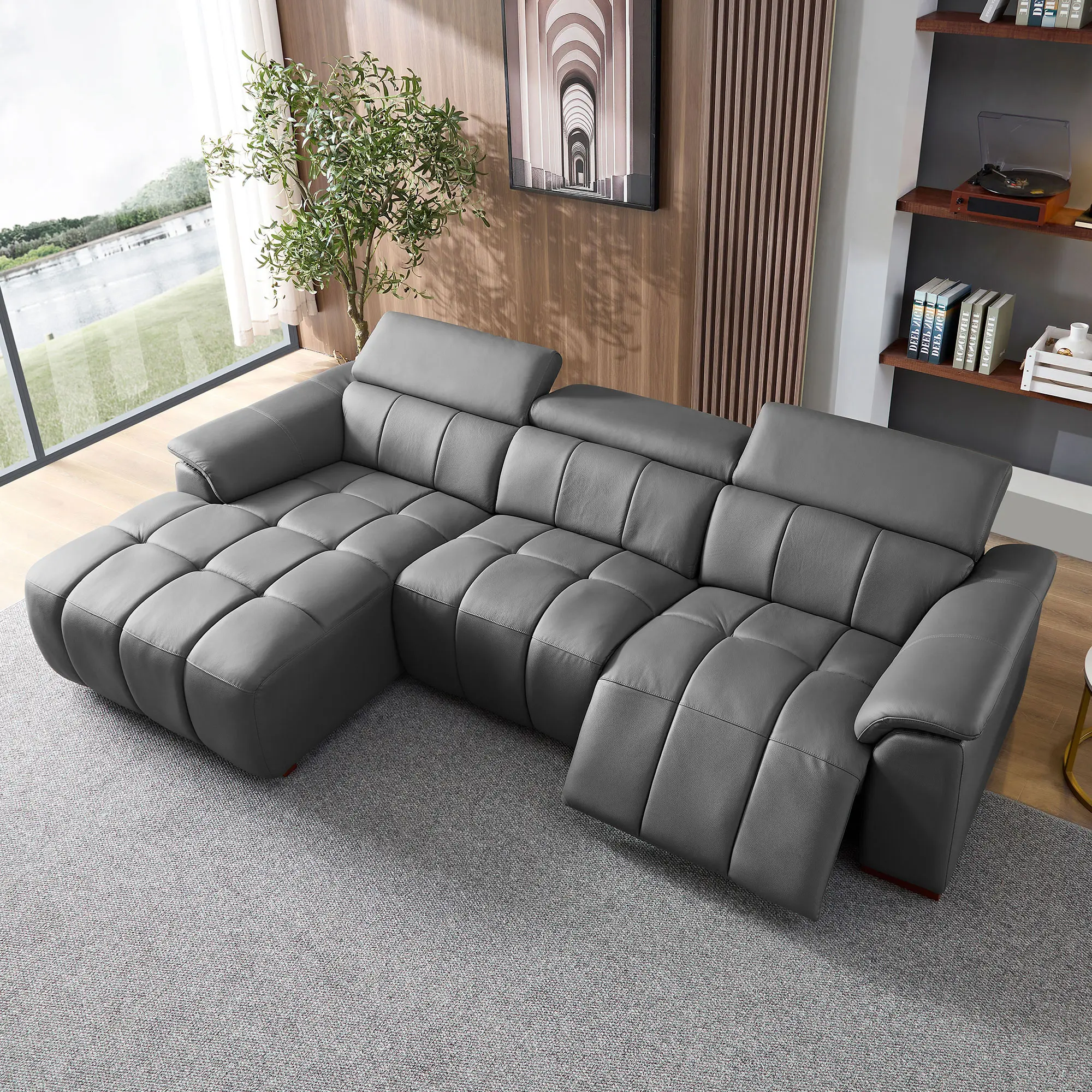 L Shaped Reclining Sectional Sofa - Modern Electric Wall-Hugger Genuine Leather Comfy Couch with USB Port, Headrest & Footrest for Living Room, Apartment