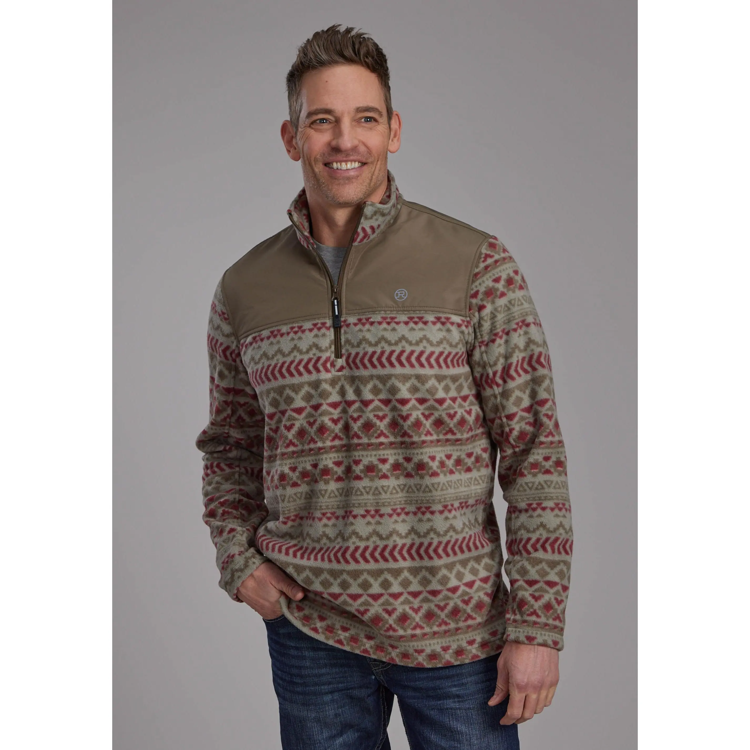 Mens Red Olive Aztec Print Micro Fleece Zipper Jacket