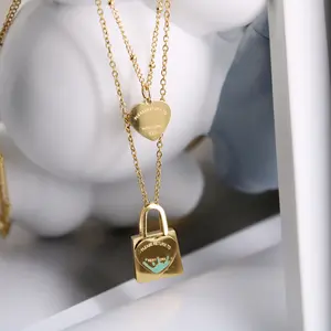 T's  Blue Oil Dripping Lock Heart Double-Layer Necklace Female 18K Gold Sweet Style Clavicle Chain