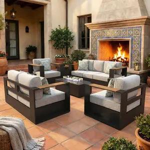 LayinSun Aluminum Patio Furniture Set with 42 inchs Fire Pit Table, Oversized Outdoor Conversation Set with 6" Thick Cushions for Outside Porch, Balcony, Deck