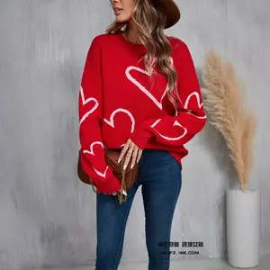 2025 New Internet Hot Sweater Love Valentine's Day Pullover Big Peach Heart Contrast Color Sweater Knitted Sweater
