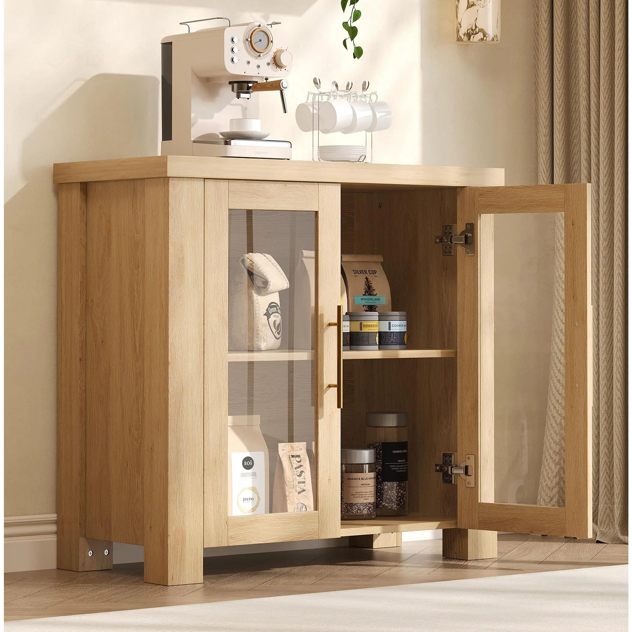 59 in Modern Wood Buffet Sideboard - Tempered Glass Door TV Cabinet Storage Credenza, Multipurpose Indoor Furniture for Kitchen, Dining Area