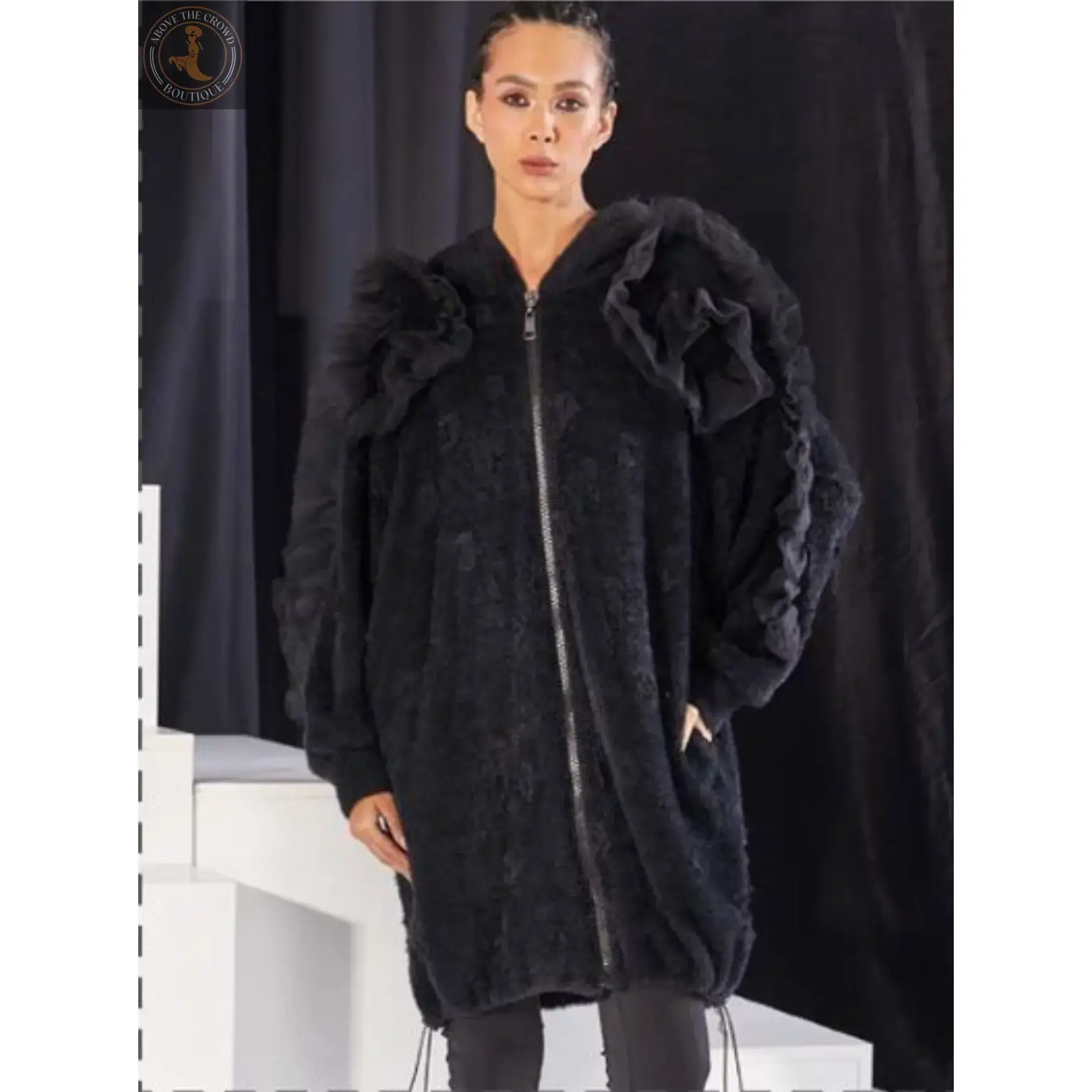 H-4 Oversized Textured Trench Coat 7052 with Ruffle Detail